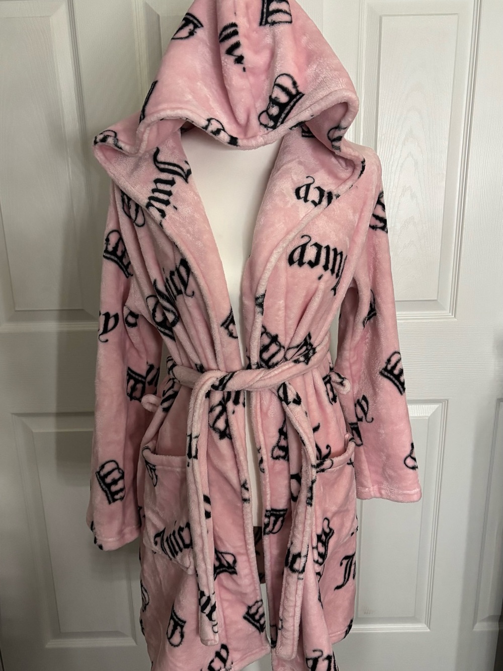 Juicy Couture Pink Fleece Hooded Logo Crown Tie Belt Bathrobe Robe S/M